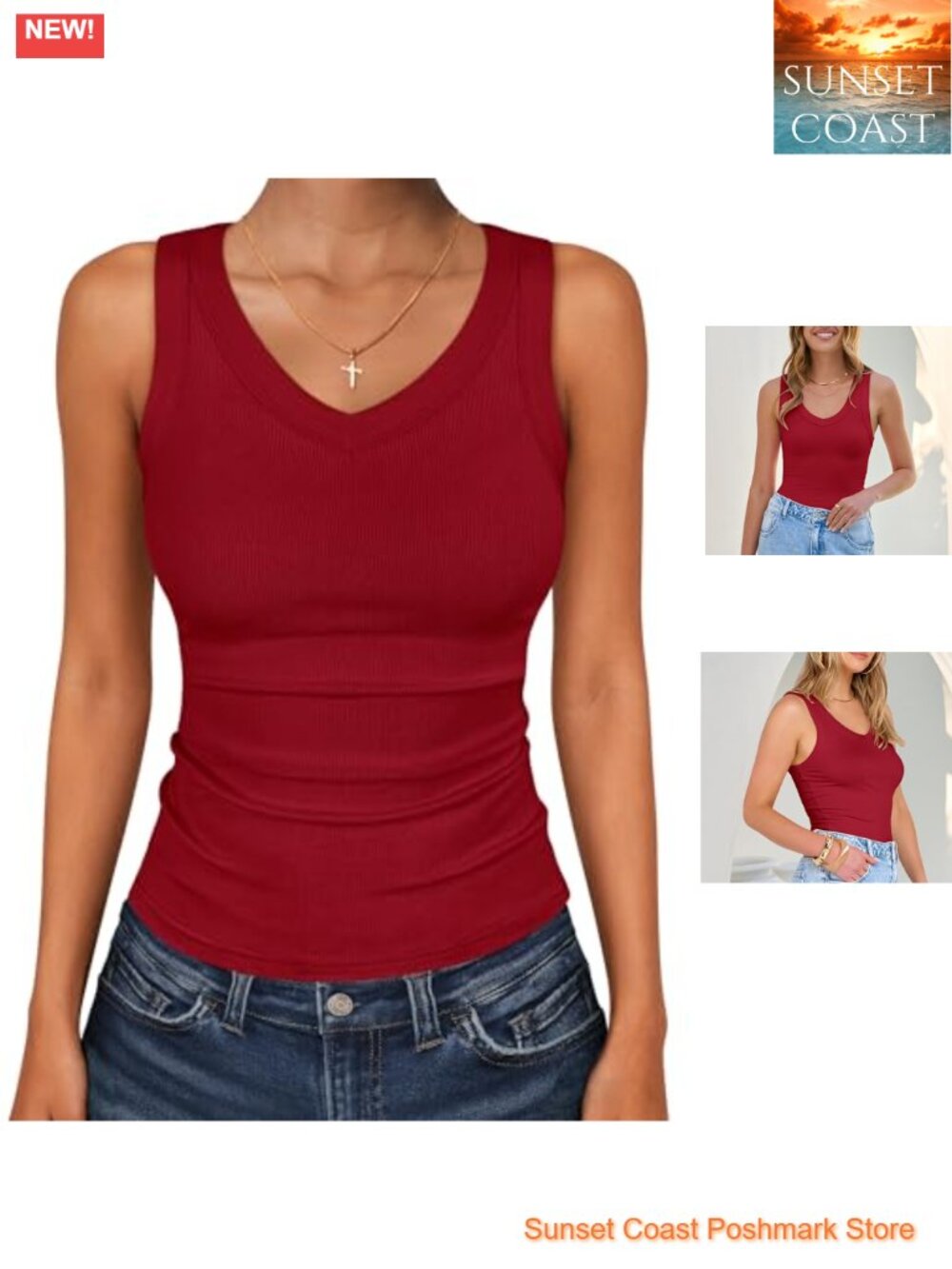 V Neck Ribbed Knit Sleeveless Tank Top Slim Fit Summer Casual